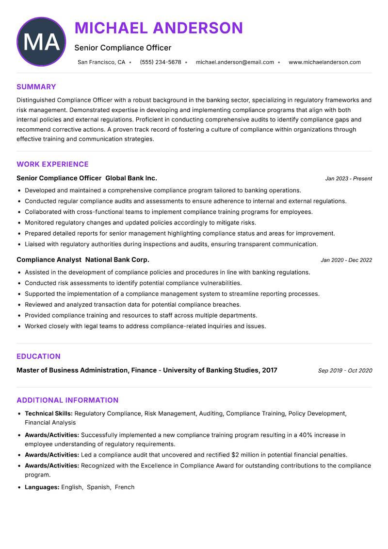 Compliance Officer Banking resume example