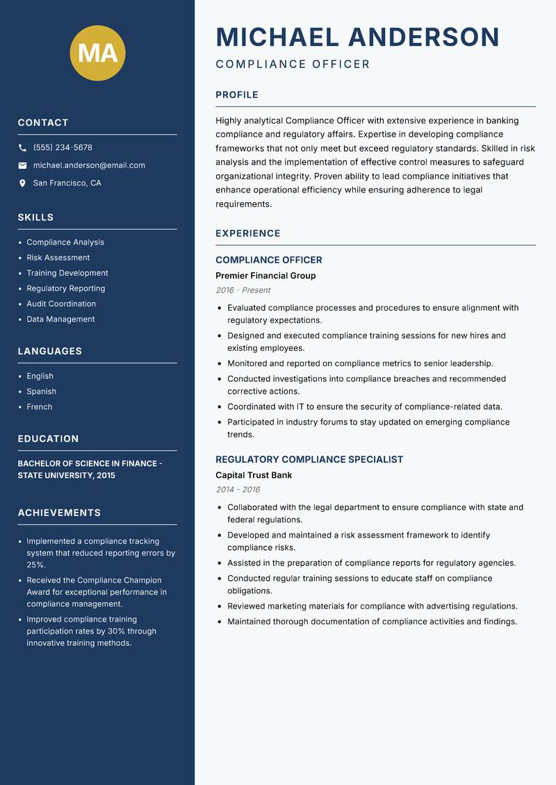 Compliance Officer Banking resume sample — Compliance Officer focus
