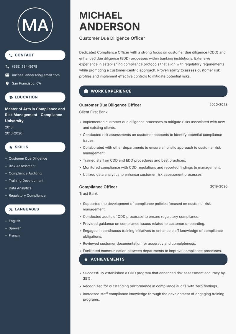 Compliance Officer Banking resume sample — Customer Due Diligence Officer focus