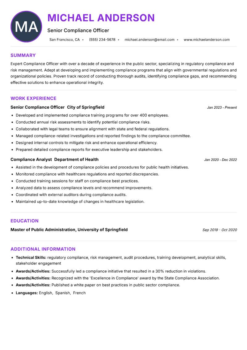 Compliance Officer Public Sector resume example
