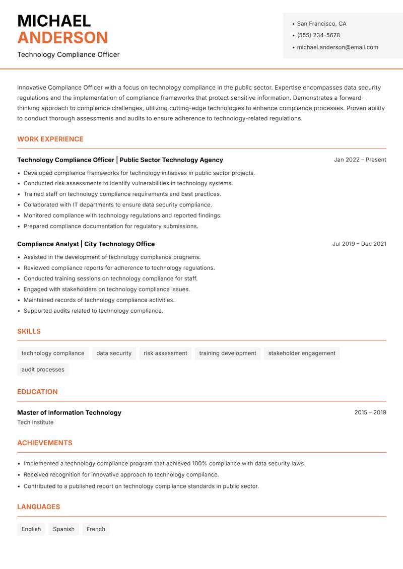 Compliance Officer Public Sector resume sample — Technology Compliance Officer focus
