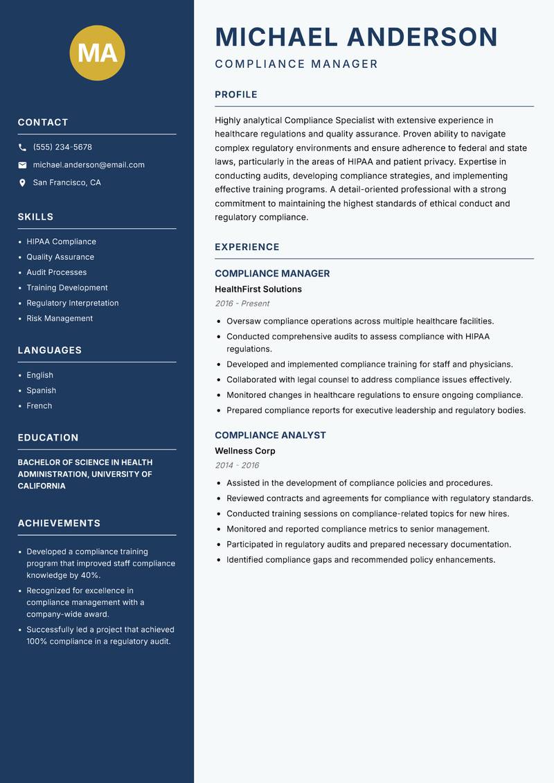 Compliance Specialist resume sample — Compliance Manager focus