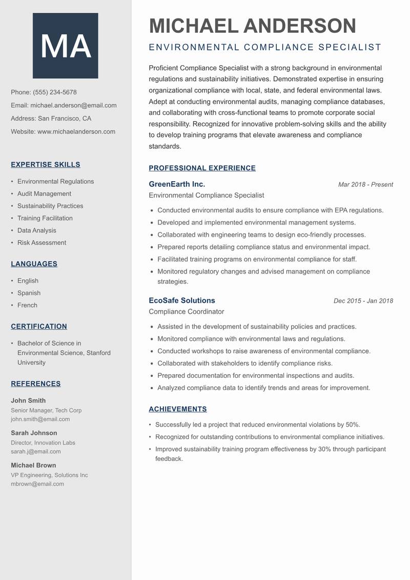 Compliance Specialist resume sample — Environmental Compliance Specialist focus