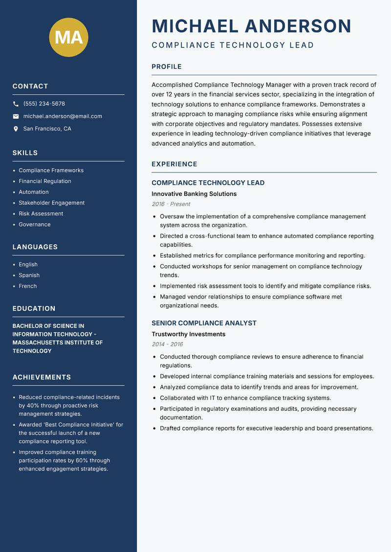 Compliance Technology Manager resume sample — Compliance Technology Lead focus