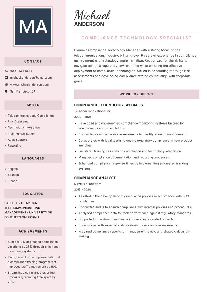 Compliance Technology Manager resume sample — Compliance Technology Specialist focus