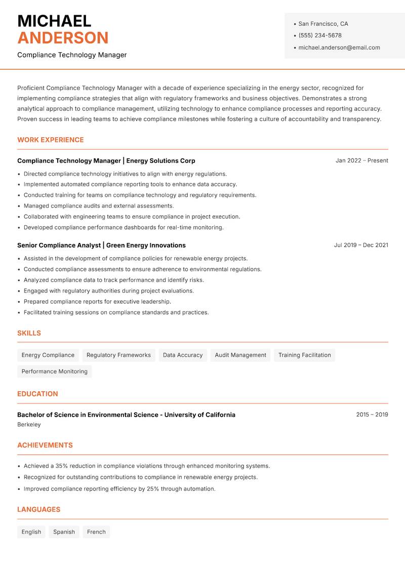 Compliance Technology Manager resume sample — Compliance Technology Manager focus