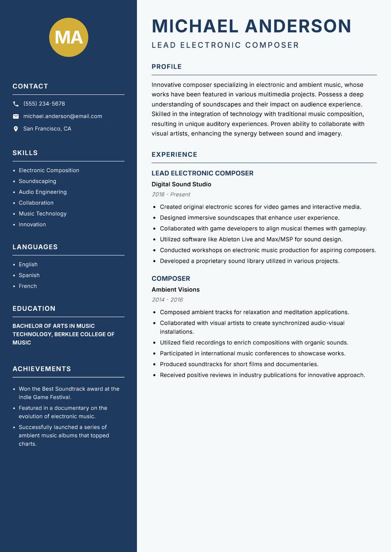 Composer resume sample — Lead Electronic Composer focus