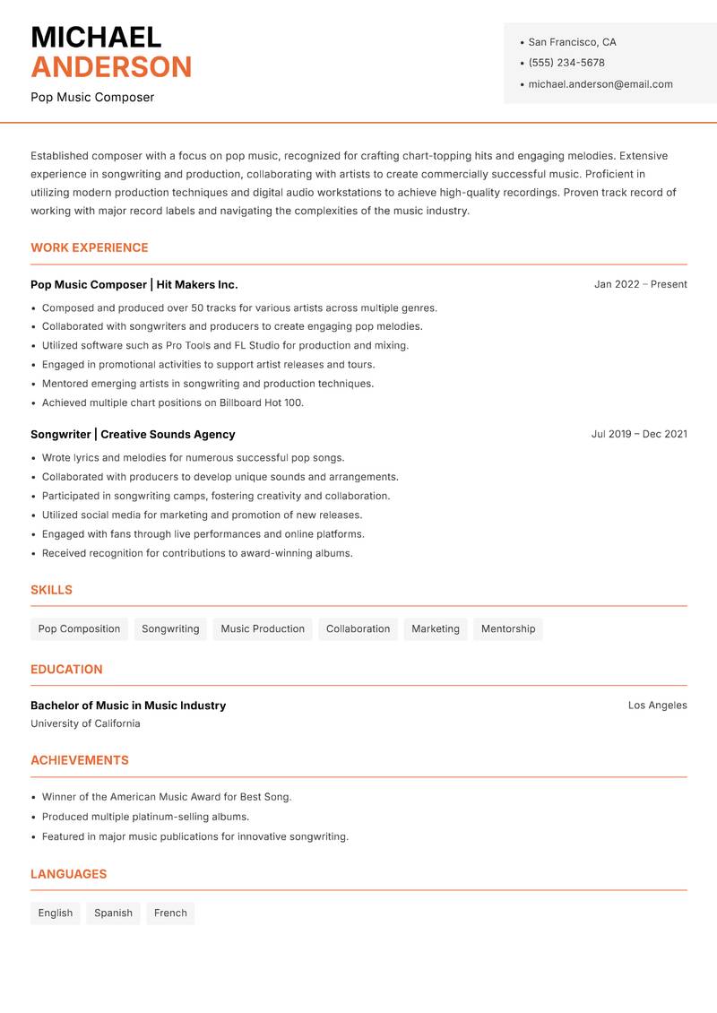 Composer resume sample — Pop Music Composer focus