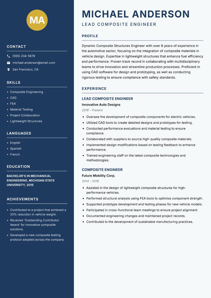 Composite Structures Engineer resume sample — Lead Composite Engineer focus