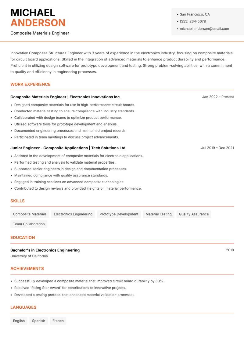 Composite Structures Engineer resume sample — Composite Materials Engineer focus