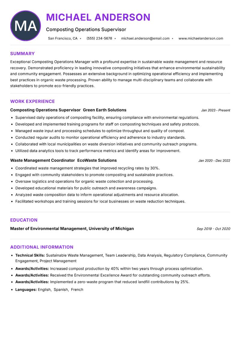 Composting Operations Manager resume example