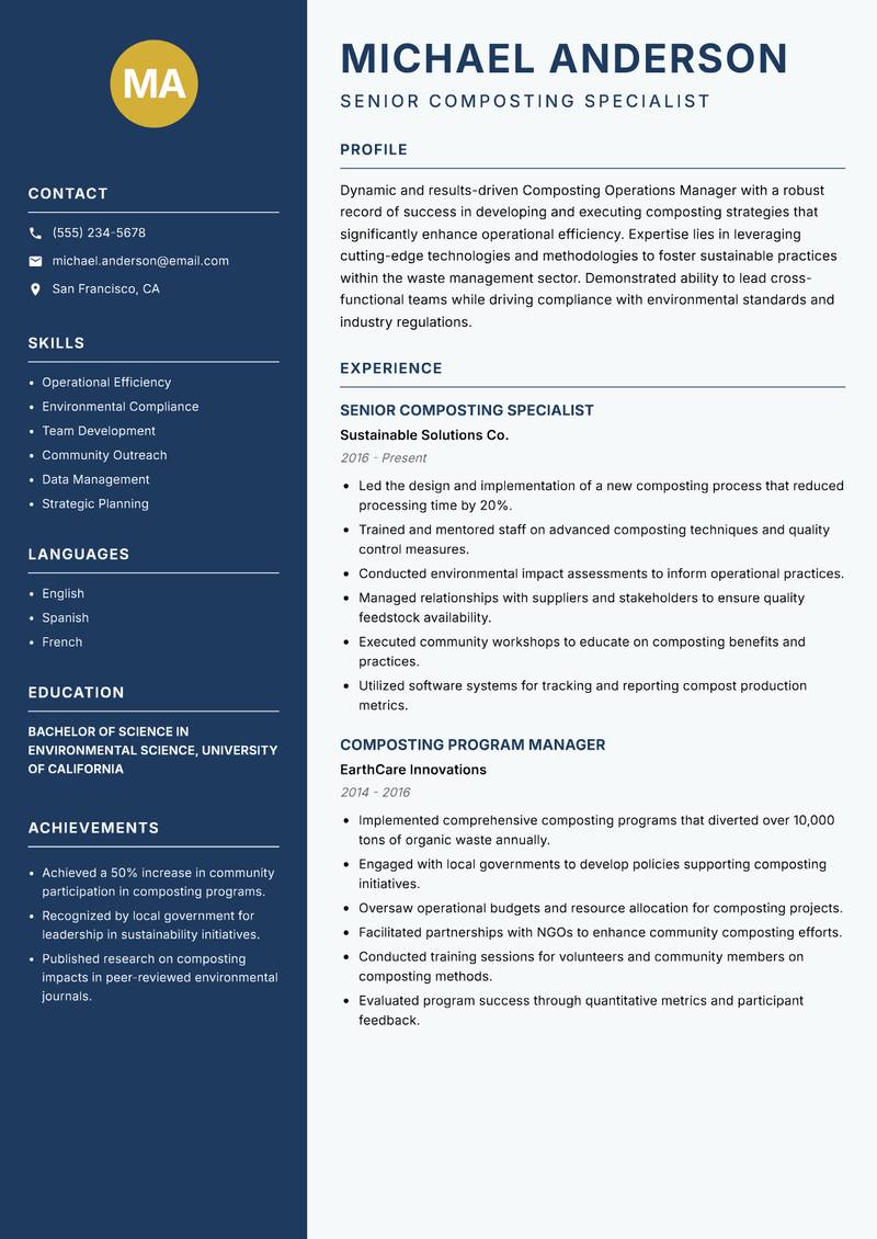 Composting Operations Manager resume sample — Senior Composting Specialist focus