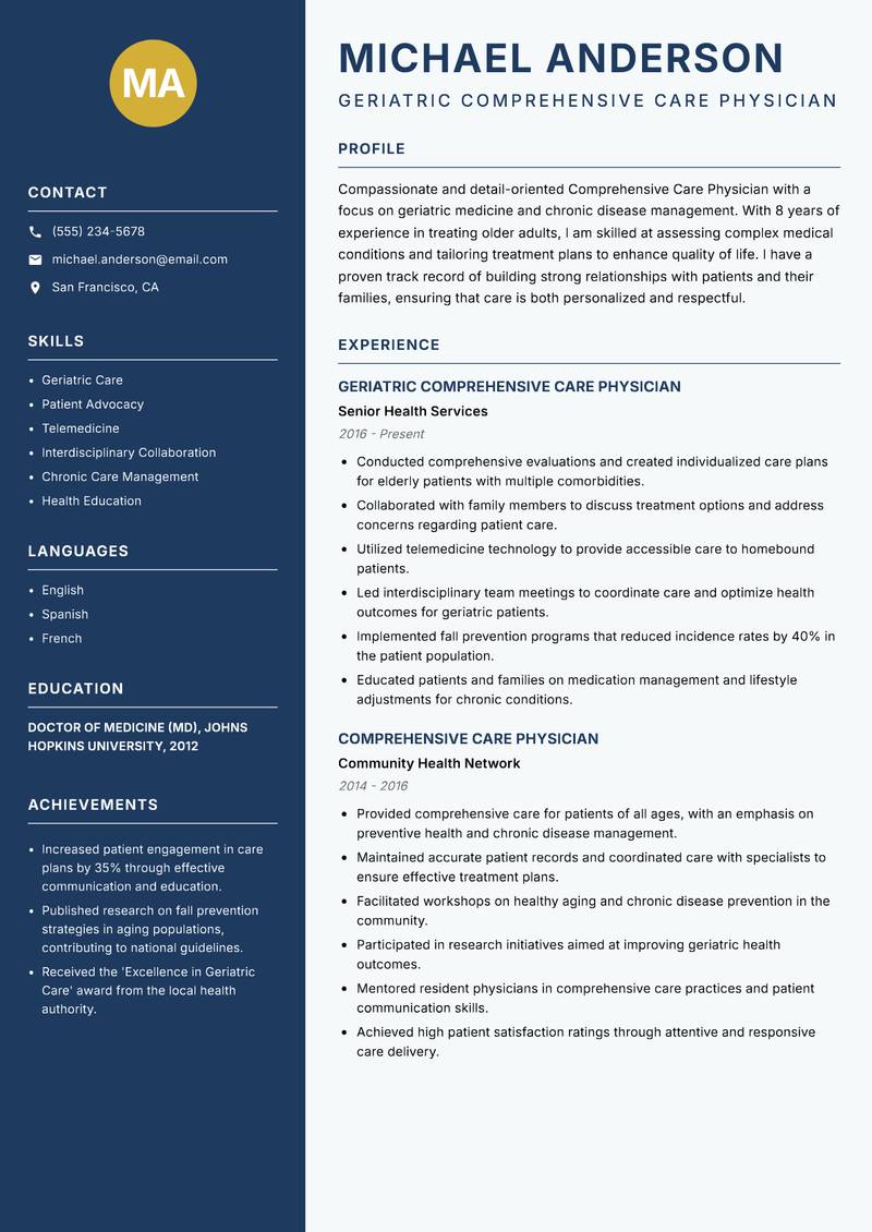 Comprehensive Care Physician resume sample — Geriatric Comprehensive Care Physician focus