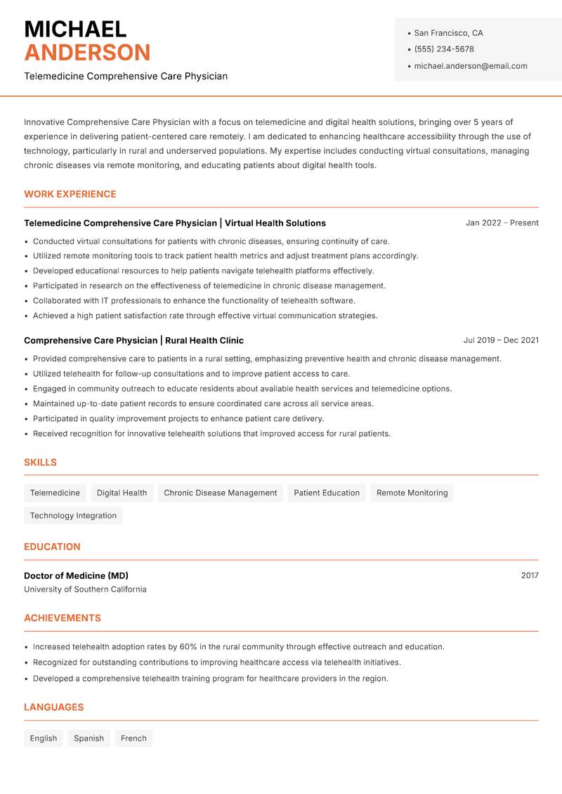 Comprehensive Care Physician resume sample — Telemedicine Comprehensive Care Physician focus