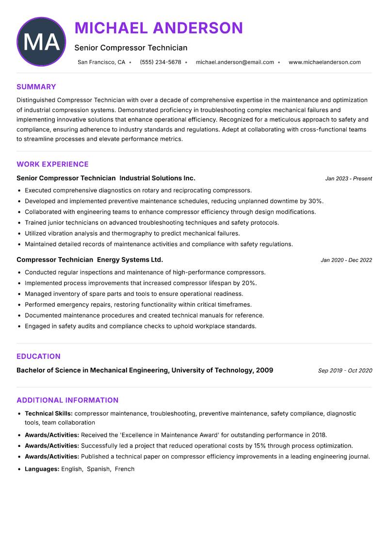Compressor Technician resume example