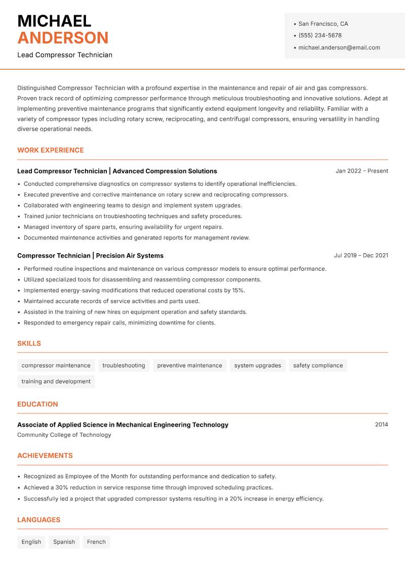 Compressor Technician resume sample — Lead Compressor Technician focus