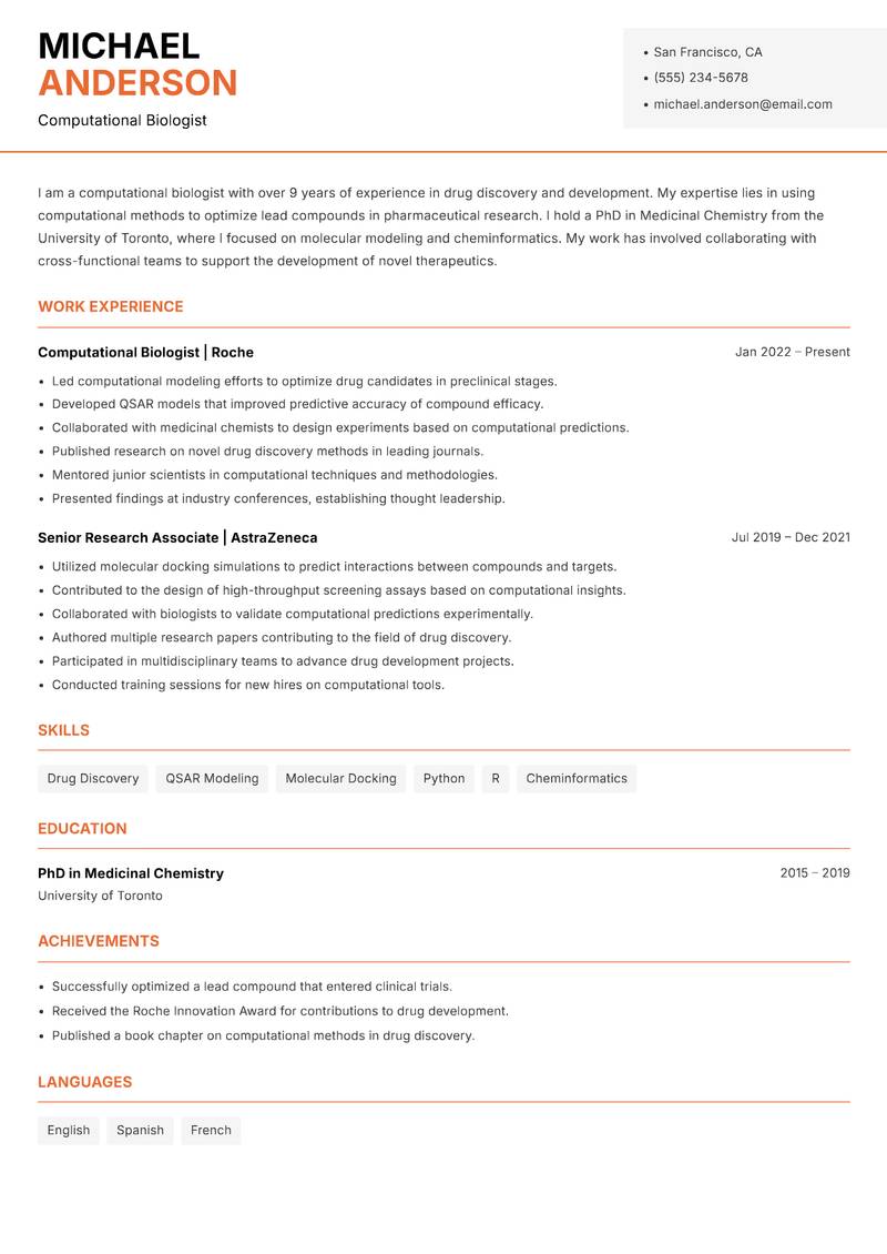 Computational Biologist resume sample — Computational Biologist focus