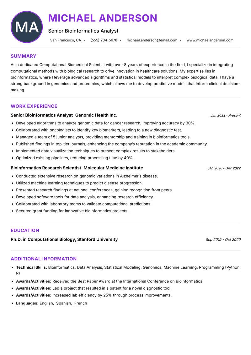 Computational Biomedical Scientist resume example
