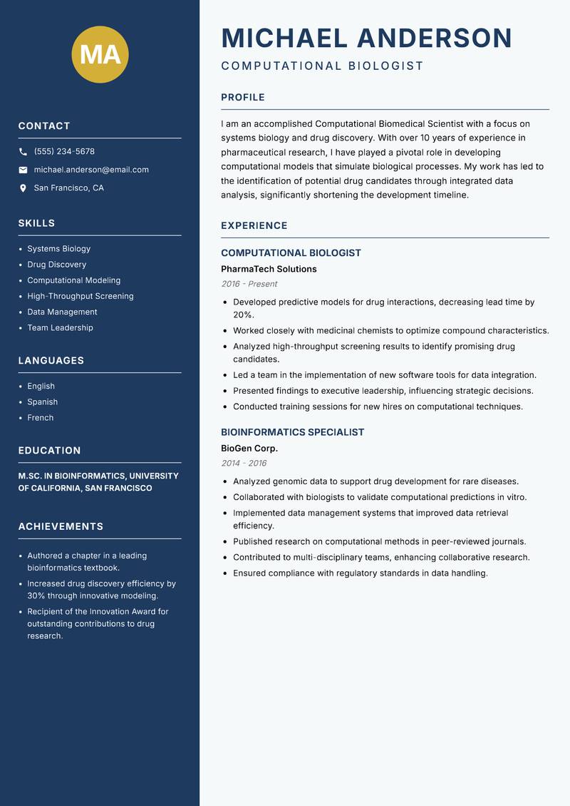 Computational Biomedical Scientist resume sample — Computational Biologist focus