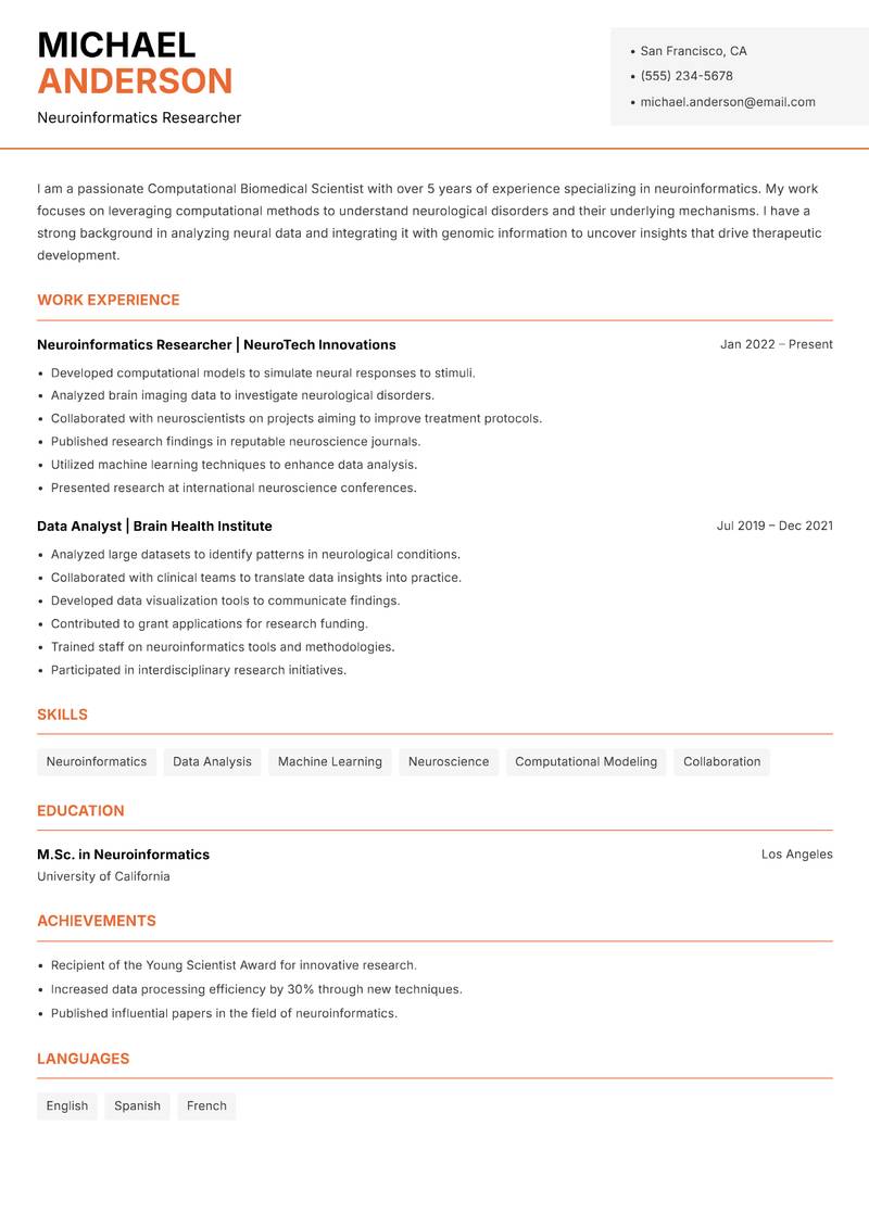 Computational Biomedical Scientist resume sample — Neuroinformatics Researcher focus