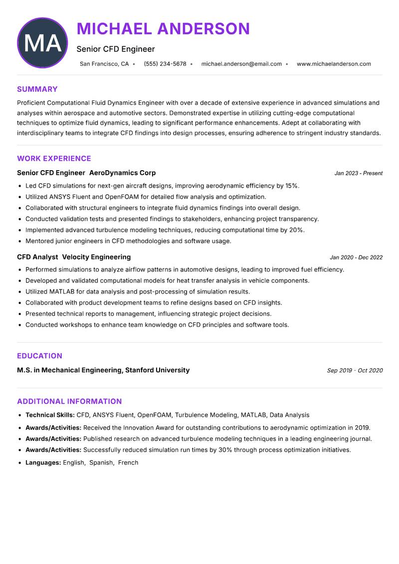 Computational Fluid Dynamics Engineer resume example