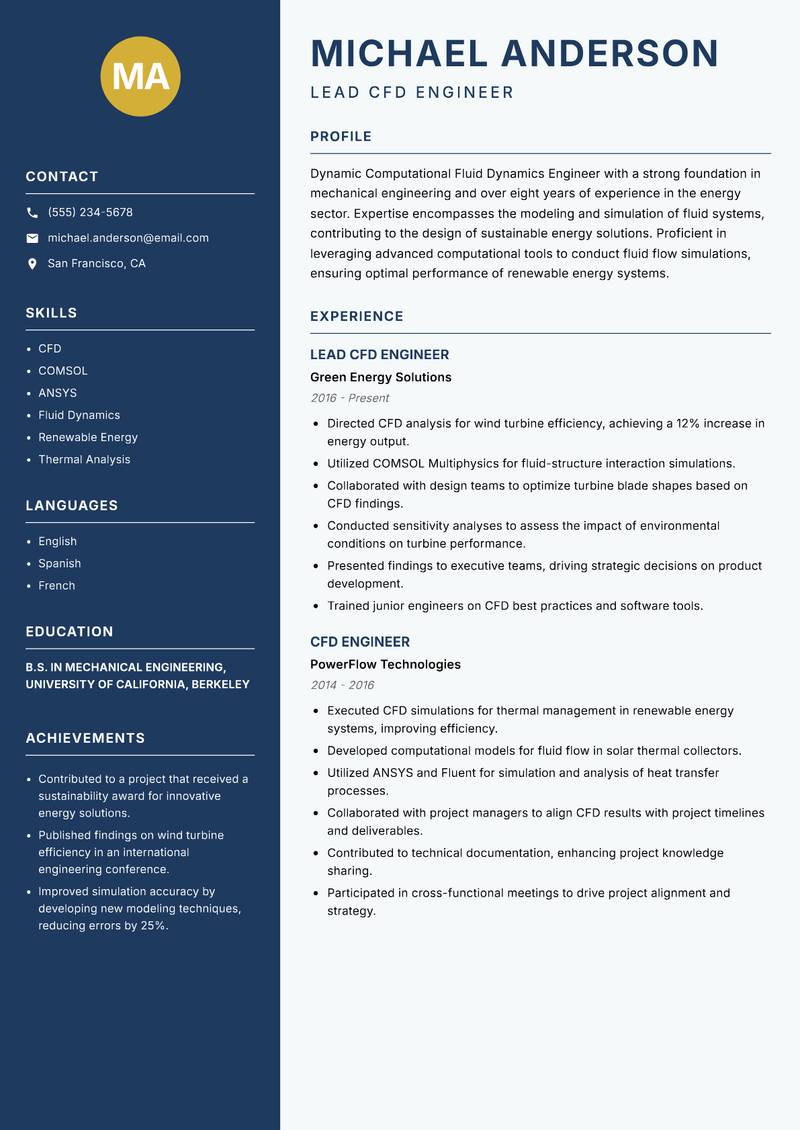 Computational Fluid Dynamics Engineer resume sample — Lead CFD Engineer focus