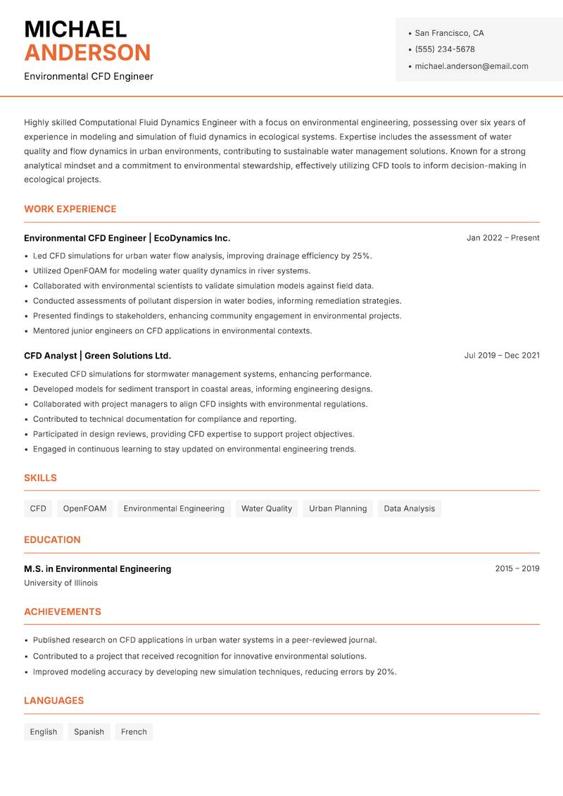 Computational Fluid Dynamics Engineer resume sample — Environmental CFD Engineer focus