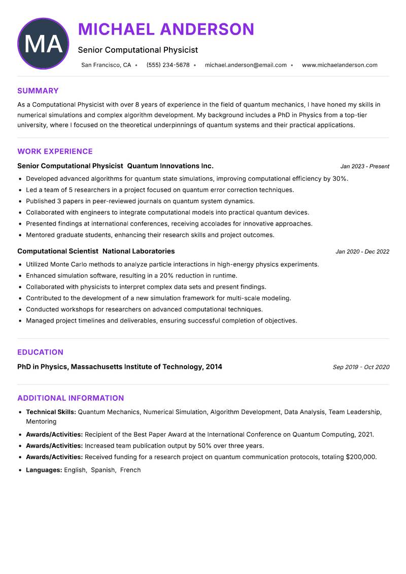 Computational Physicist resume example