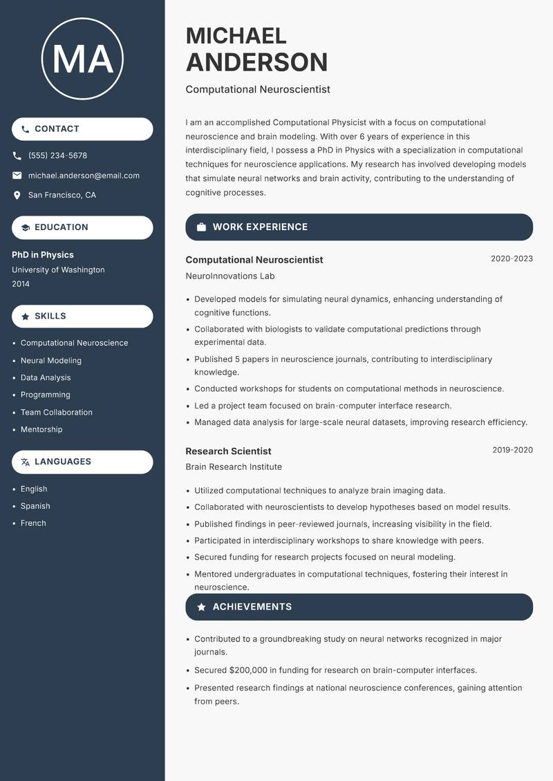 Computational Physicist resume sample — Computational Neuroscientist focus