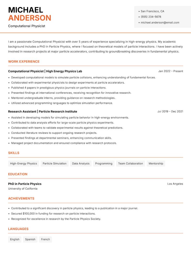 Computational Physicist resume sample — Computational Physicist focus