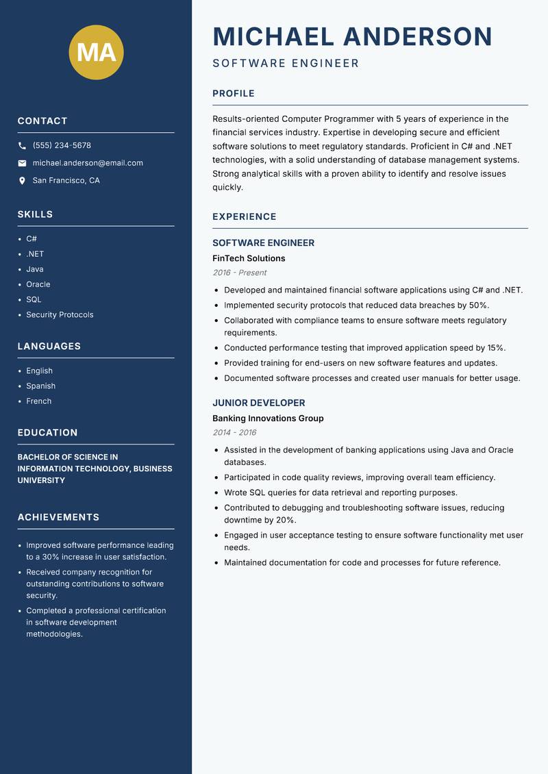 Computer Programmer resume sample — Software Engineer focus
