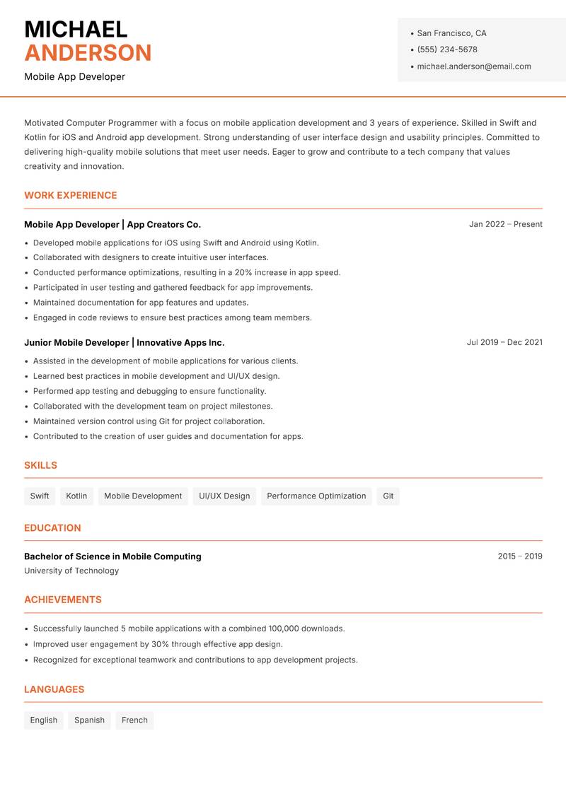 Computer Programmer resume sample — Mobile App Developer focus
