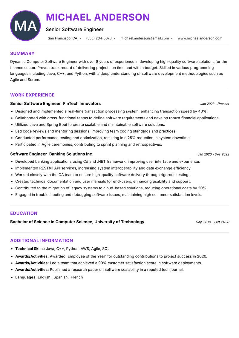 Computer Software Engineer resume example