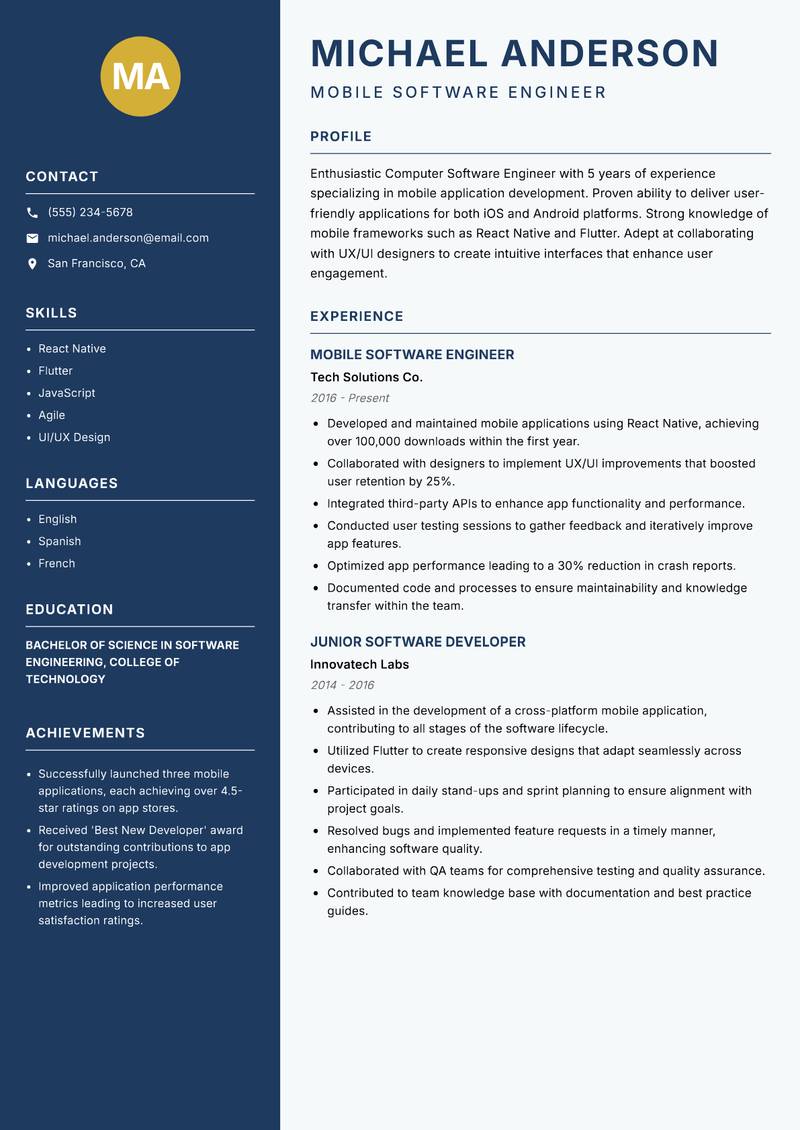 Computer Software Engineer resume sample — Mobile Software Engineer focus