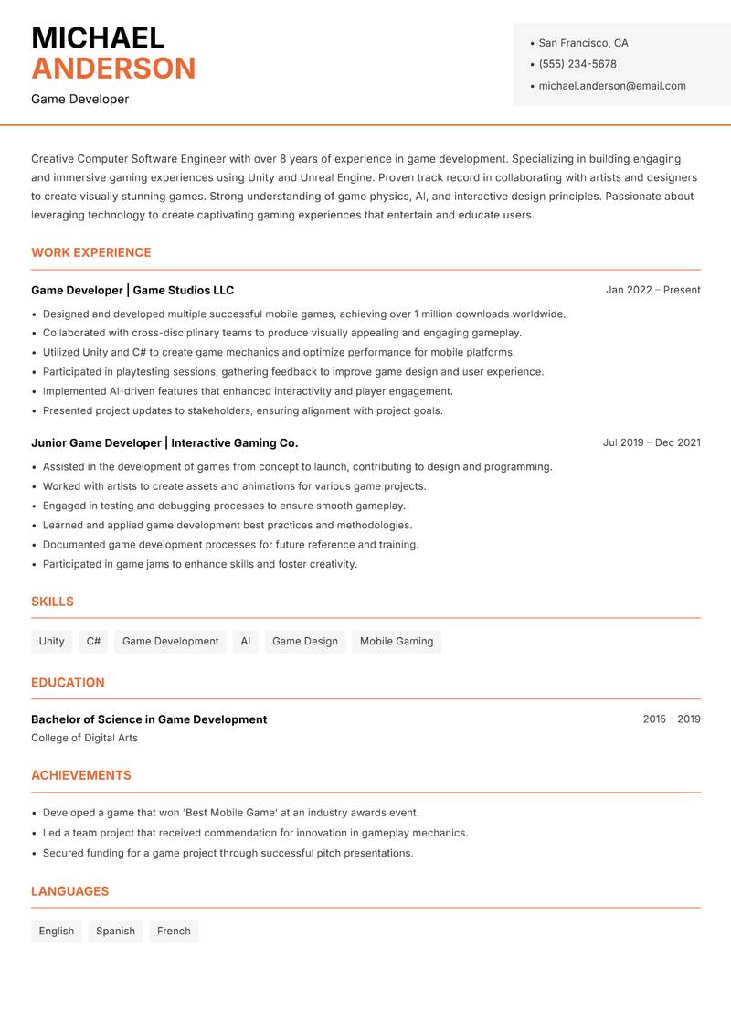 Computer Software Engineer resume sample — Game Developer focus