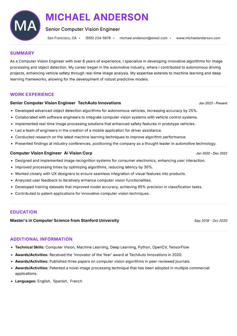 Computer Vision Engineer resume example