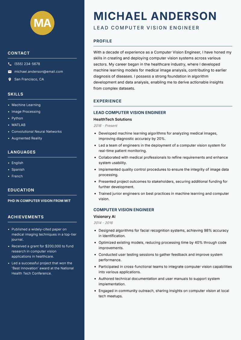 Computer Vision Engineer resume sample — Lead Computer Vision Engineer focus