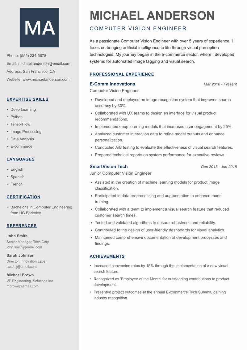 Computer Vision Engineer resume sample — Computer Vision Engineer focus