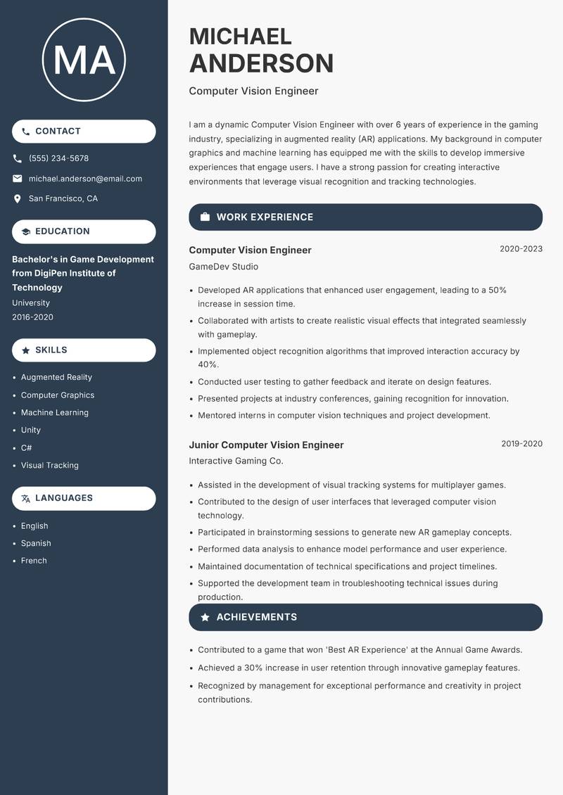 Computer Vision Engineer resume sample — Computer Vision Engineer focus