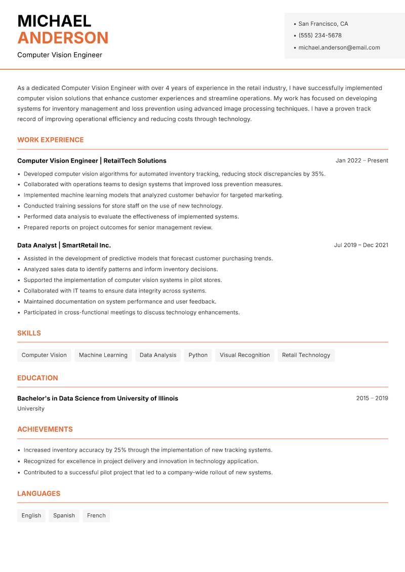 Computer Vision Engineer resume sample — Computer Vision Engineer focus