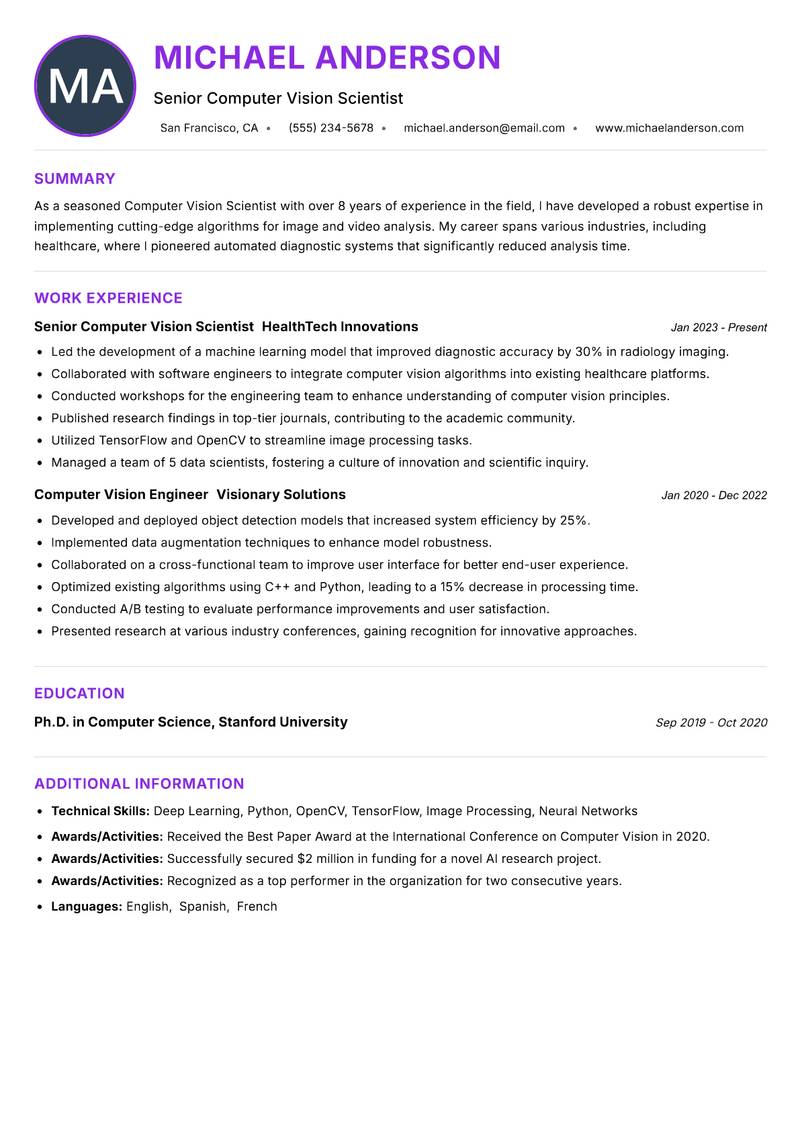 Computer Vision Scientist resume example