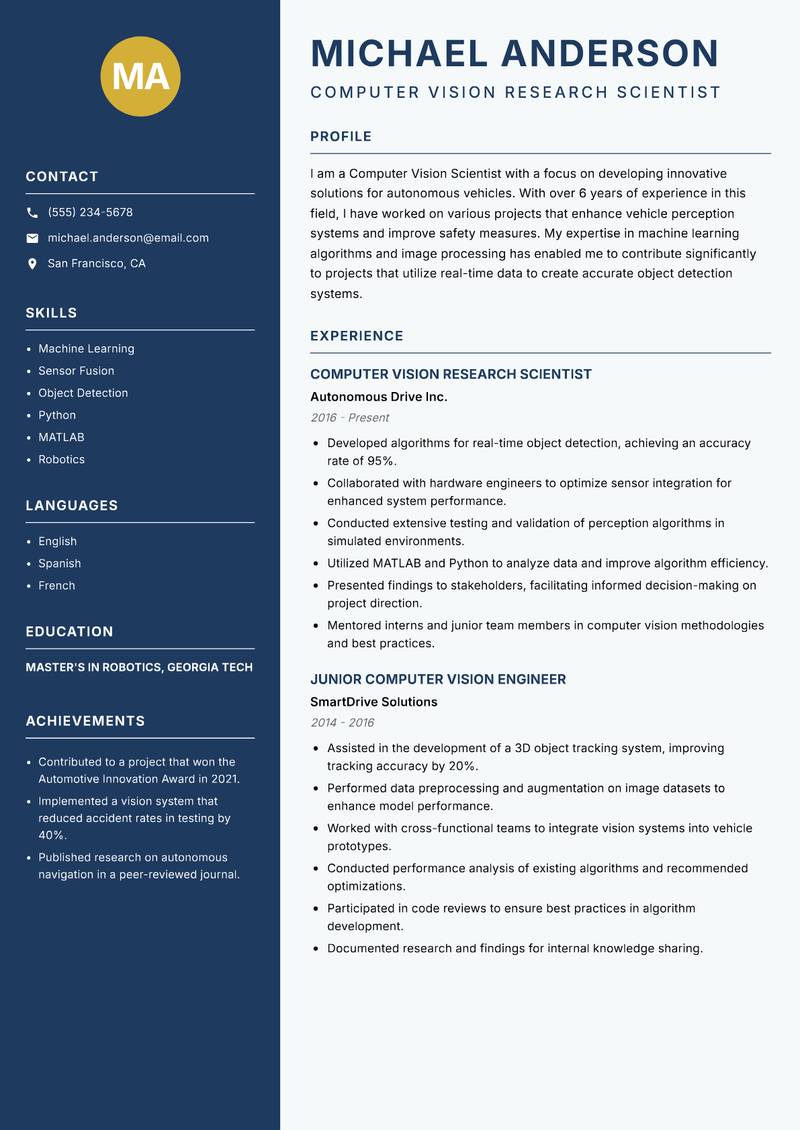 Computer Vision Scientist resume sample — Computer Vision Research Scientist focus