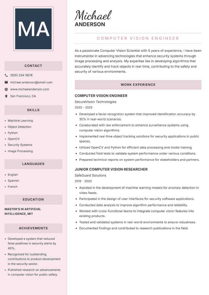 Computer Vision Scientist resume sample — Computer Vision Engineer focus