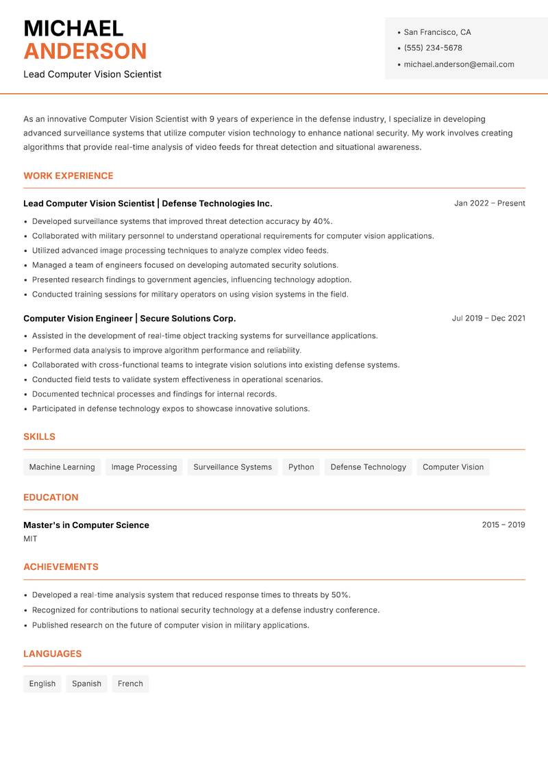 Computer Vision Scientist resume sample — Lead Computer Vision Scientist focus