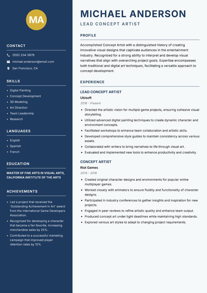 Concept Artist resume sample — Lead Concept Artist focus