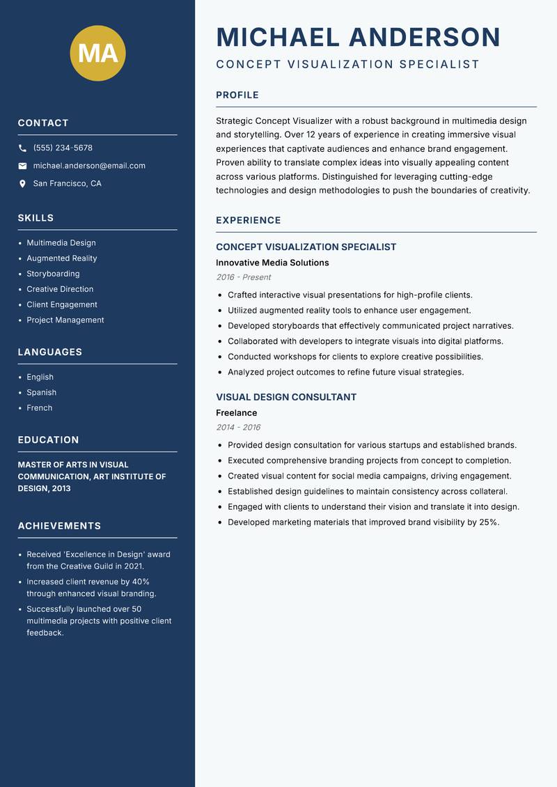 Concept Visualizer resume sample — Concept Visualization Specialist focus