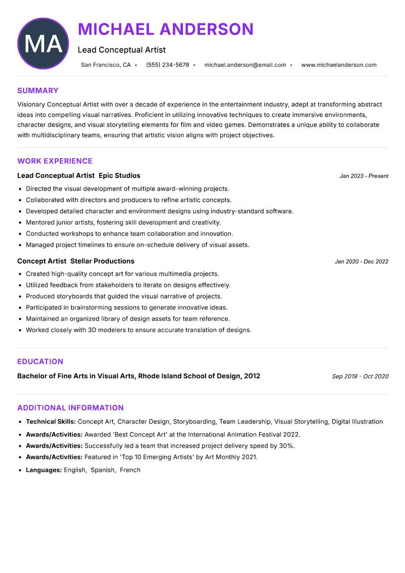 Conceptual Artist resume example