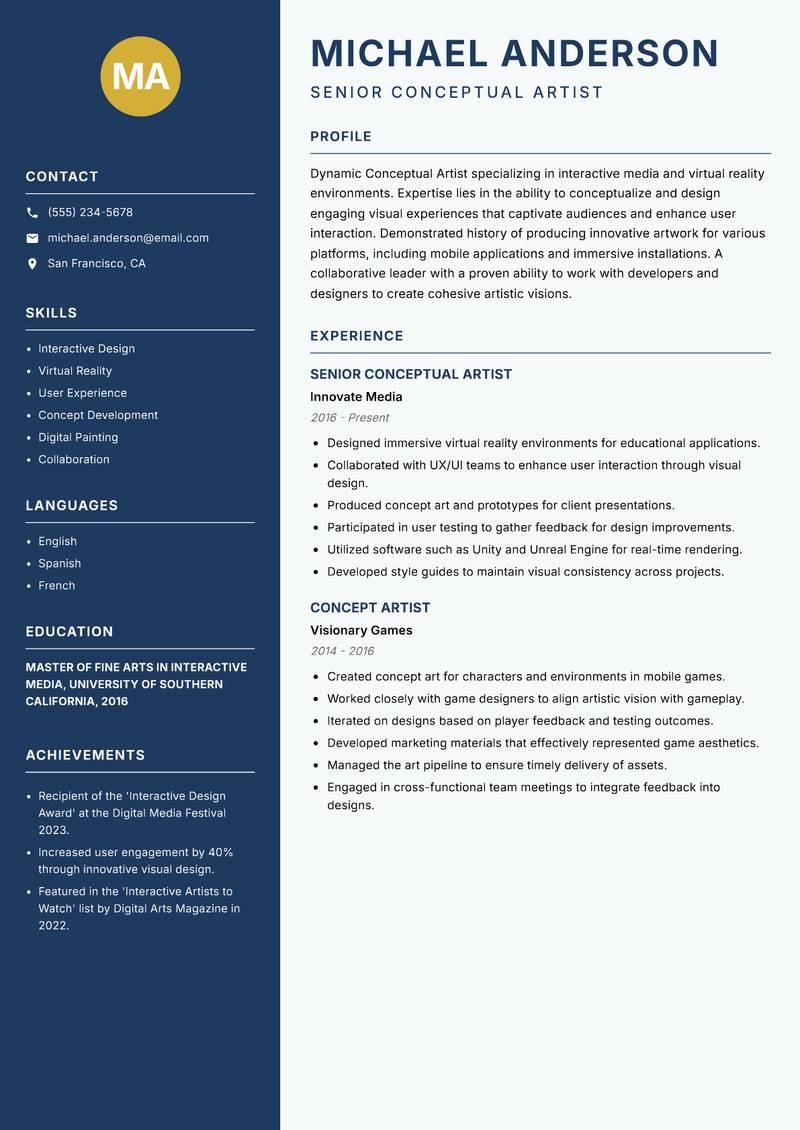 Conceptual Artist resume sample — Senior Conceptual Artist focus