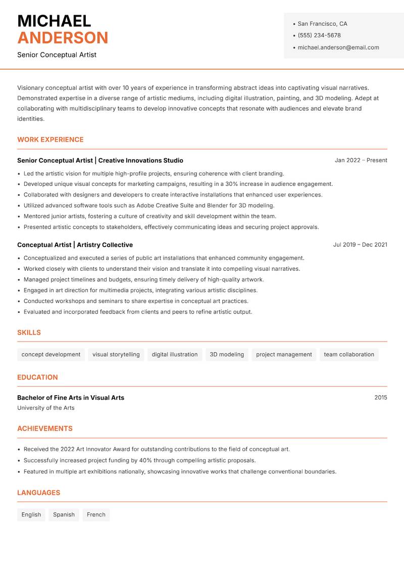 Conceptual Artist resume sample — Senior Conceptual Artist focus
