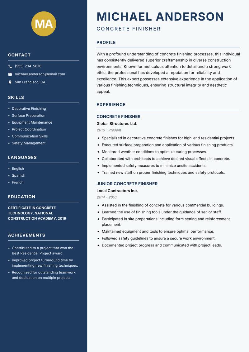 Concrete Finisher resume sample — Concrete Finisher focus
